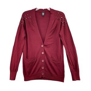 Nollie Oxblood Womens Cardigan Sweater Size Small Pockets Red Studded Stretch